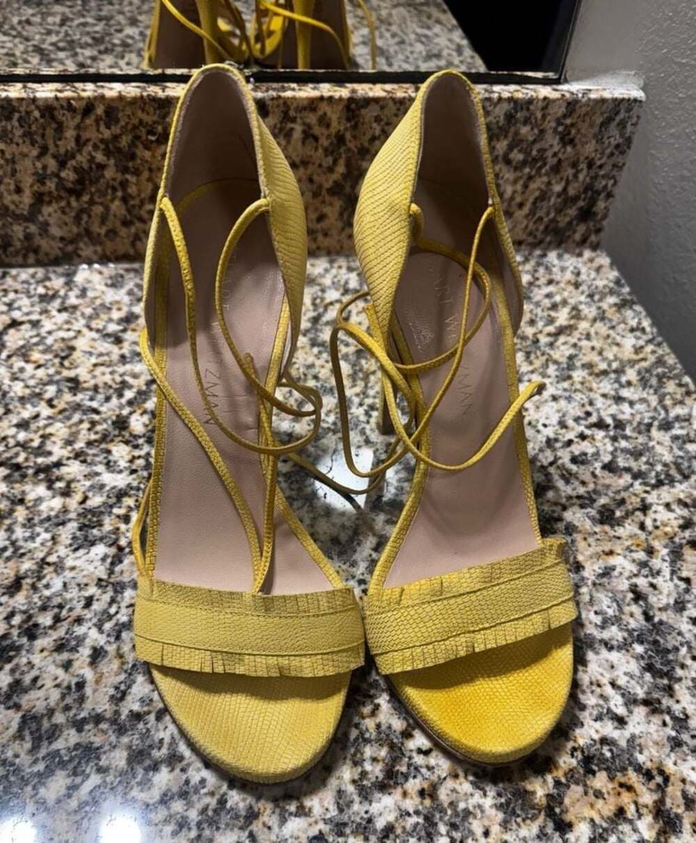 stuart weitzman lace-up fringe heels 💛 yellow lizard embossed leather | made in